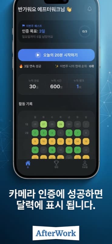 홈 대시보드 - 잔디 기록과 통계